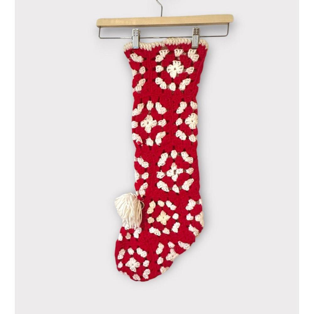 Handmade Crochet Christmas Stocking Granny Square Style Red White Pompom Bell - Picture 3 of 7